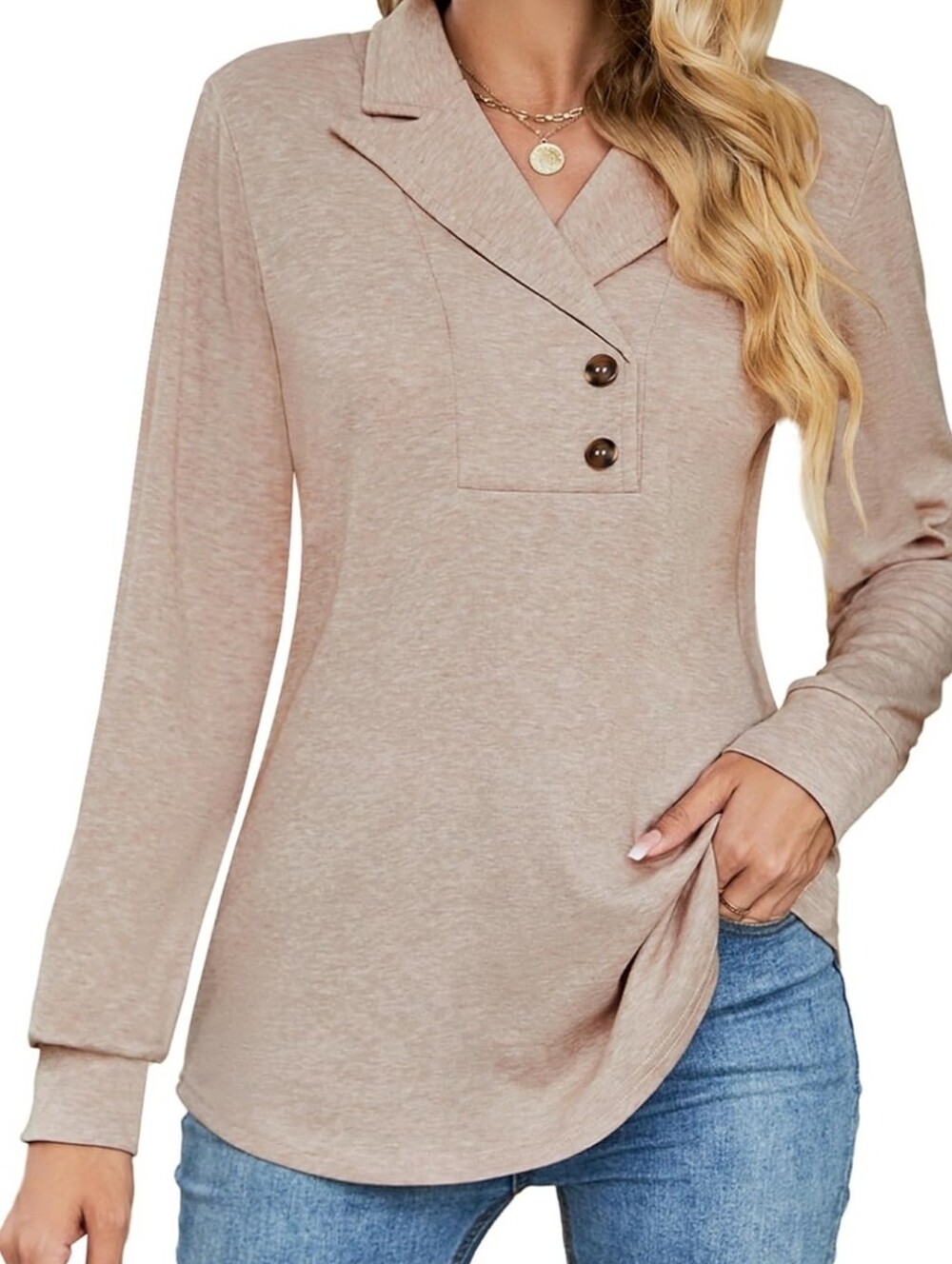 Micoson Women's Long Sleeve Button Lapel Tunic Tops V Neck